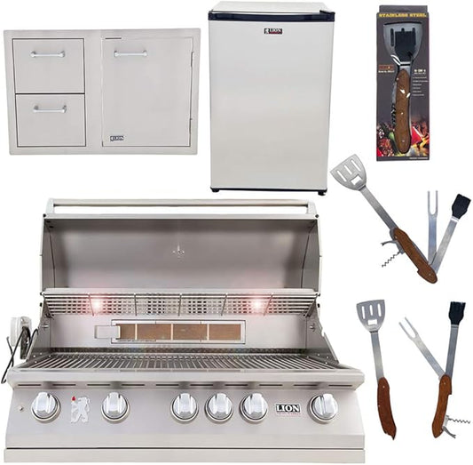 Lion Premium Grills 40-Inch Propane Grill L90000 with Lion Door and Drawer Combo with Towel Rack and Lion Refrigerator Package Deal with 5 in 1 BBQ Tool Set