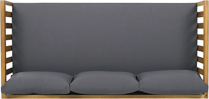 Christopher Knight Home Claremont Outdoor 3 Seater Acacia Wood Daybed with Fabric Water Resistant and Removable Cushions, Patio Garden Sofa with Slat Paneling Armrest and Back, Teak and Dark Grey