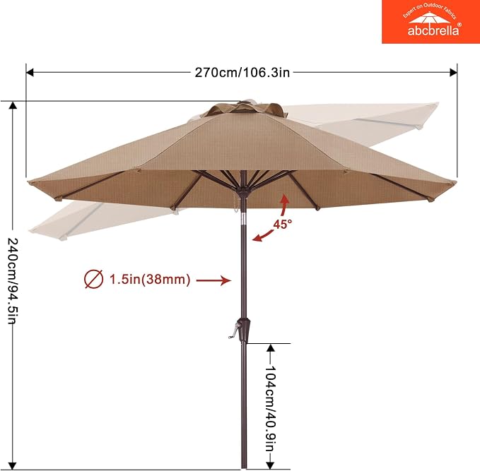 ABCCANPOY 9Ft Outdoor Patio Umbrella, Gold Stripe | Fade & UV Resistant Fabric,8 Fiberglass Ribs，Wind Vent，Crank Lift & Tilt,Outdoor Table Umbrella for Deck,Backyard,Yard
