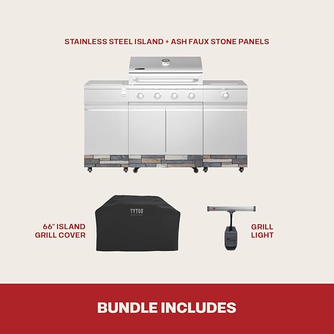 Tytus Fresno 5-Burner Propane or Natural Gas Island Grill – 864 sq. in. Cooking, 48,000 BTU Main + 12,000 BTU Side Burner, Porcelain Grates, Storage Cabinets, Semi-Portable - SS/Ash Stone Starter Kit