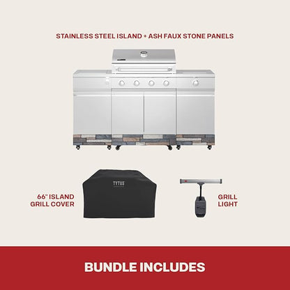 Tytus Fresno 5-Burner Propane or Natural Gas Island Grill – 864 sq. in. Cooking, 48,000 BTU Main + 12,000 BTU Side Burner, Porcelain Grates, Storage Cabinets, Semi-Portable - SS/Ash Stone Starter Kit
