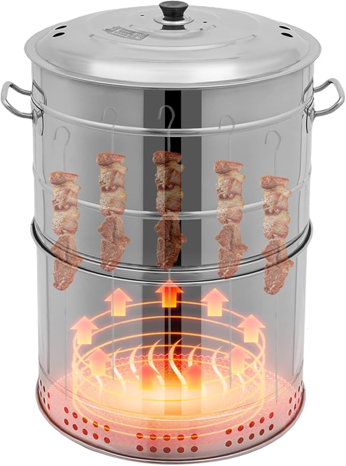 Portable Charcoal Grills, Stainless Steel Large BBQ Grill Barrel, 360° Smokeless Charcoal Grill for Outdoor Camping, Parties, Backyard BBQs, and Travel(50* Skewers)