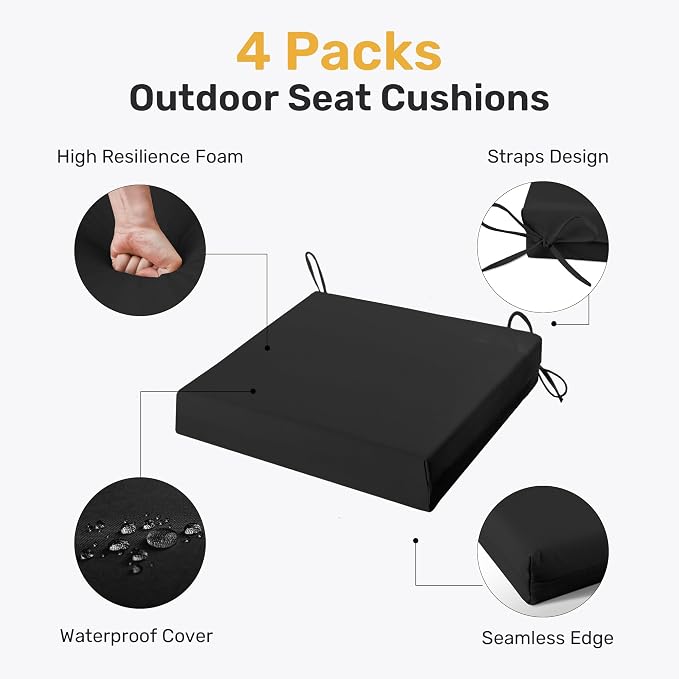 UNIKOME Outdoor Chair Cushions Pack of 4, Water Resistant Patio Cushions with Ties, High Density Sponge Filling Square Corner Seat Cushions for Outdoor Furniture, 18.5"x16"x3", Black
