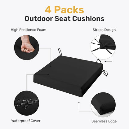 UNIKOME Outdoor Chair Cushions Pack of 4, Water Resistant Patio Cushions with Ties, High Density Sponge Filling Square Corner Seat Cushions for Outdoor Furniture, 18.5"x16"x3", Black