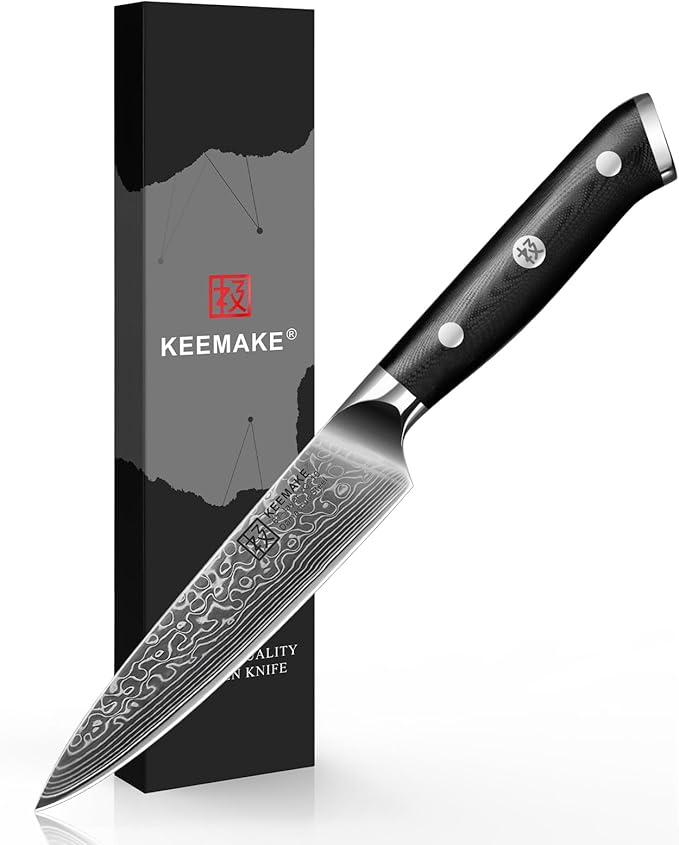 KEEMAKE Paring Knife, 5 Inch 67-Layer Damascus Steel Fruit Knife with Ergonomic G10 Handle, Multipurpose Kitchen Knife for Fruit and Vegetable Cutting