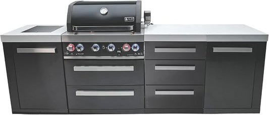 Mont Alpi 107"W x 23"D x 46"H Black Stainless Steel Modular Outdoor Kitchen Island with Side Burner + 32"W 4-Burner BBQ Grill + White Granite Countertops + Storage Cabinets + Drawers + Cover