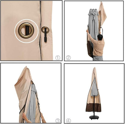 SUPERJARE Patio Umbrella Cover with Rod for 7 to 11 Ft Umbrellas & 15 Ft Double-Sided Umbrellas, 600D Protective Waterproof Cover with Zipper, Beige & Brown