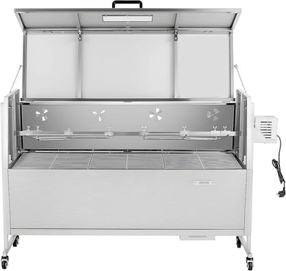 VEVOR Rotisserie Grill, 52in BBQ Outdoor Pig & Lamb Spit Roaster, Charcoal Spit Roaster with 132 LBS Capacity, Wheels, 4-Level Height, Stainless Steel Electric Rotisserie Grill Kit for Camping Outdoor