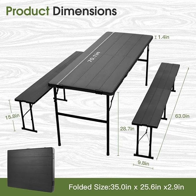 Camping table folding table and chairs foldable picnic table Portable Black | Folding Table and Bench Set: 6-ft portable picnic table with two attached benches. Ideal for camping,BBQ and outdoor events