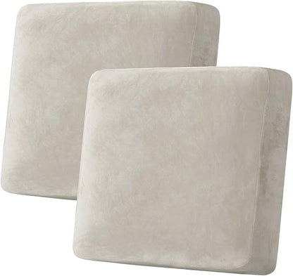 H.VERSAILTEX Velvet Stretch Couch Cushion Cover Plush Cushion Slipcover for Chair Loveseat Sofa Cushion Furniture Protector Seat Cushion Sofa Cover (2 Piece Large Sofa Cushion Covers, Oatmeal)
