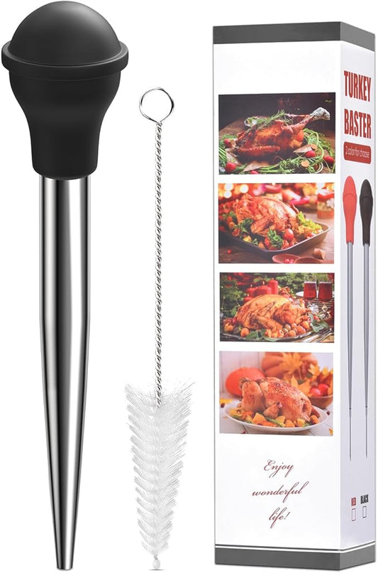 Turkey Baster Long, ARRITZ Stainless Steel Baster For Cooking with Cleaning Brush, 2 Baster Tips, Black