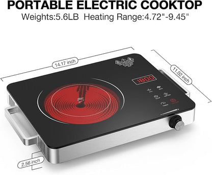 Electric Cooktop, Portable Electric Cooktop 1800W Single Burner Stove 110V with Plug, Hot Plate Countertop, Child Safety Lock, Timer, Infrared Burner,Touch and Knob Control