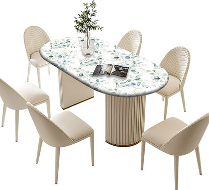 Spring Leaf Oval Elastic Fitted Tablecloth, Floral Sage Green Leaves Elastic Edged Polyester Wipeable Table Cloths, Indoor Holiday Family Banquet and Outdoor Patio Use, Fits for 52" x 70" Oval Table