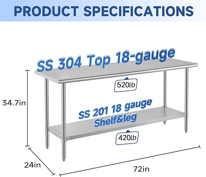 ROCKPOINT SS304 Top All Stainless Steel Table for Prep & Work 24x72 Inches, NSF Commercial Kitchen Heavy Duty Table with Adjustable Undershelf for Restaurant,Kitchen, Home and Hotel
