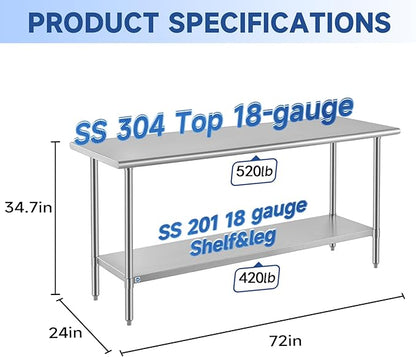 ROCKPOINT SS304 Top All Stainless Steel Table for Prep & Work 24x72 Inches, NSF Commercial Kitchen Heavy Duty Table with Adjustable Undershelf for Restaurant,Kitchen, Home and Hotel