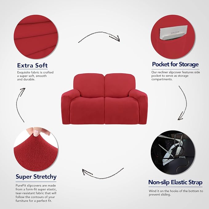 PureFit Super Stretch Loveseat Recliner Sofa Couch Cover with Pocket | 2 Seats Non Slip Soft Sofa Slipcover, Washable Reclining Furniture Protector for Kids, Pets (Recliner Loveseat, Red )
