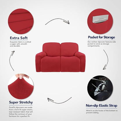 PureFit Super Stretch Loveseat Recliner Sofa Couch Cover with Pocket | 2 Seats Non Slip Soft Sofa Slipcover, Washable Reclining Furniture Protector for Kids, Pets (Recliner Loveseat, Red )