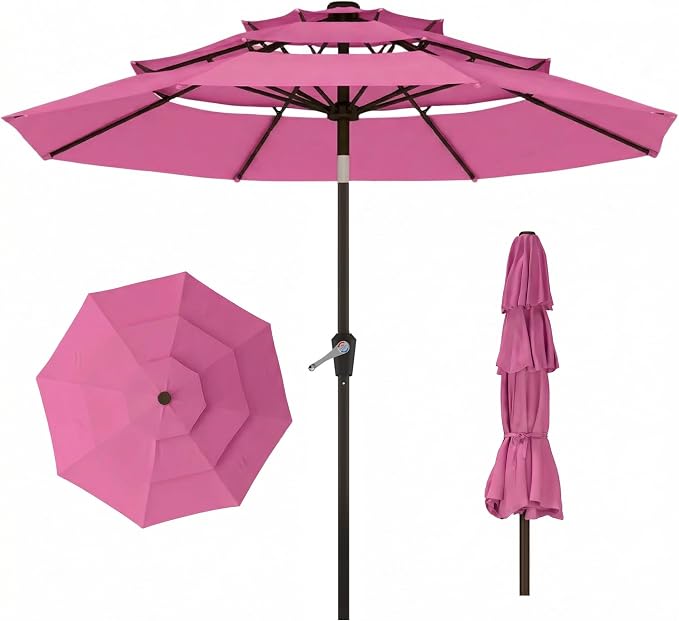 10ft 3 Tier Patio Umbrella, Outdoor Market Table Umbrella with UPF 50+ Vented Canopy, 8 Sturdy Ribs, Easy Push Button Tilt and Crank, Windproof for Deck, Pool, Backyard and Garden