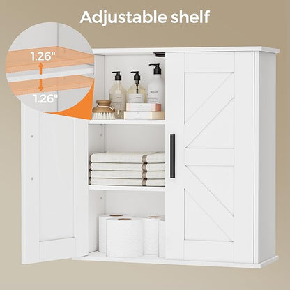 Homleke Bathroom Wall Cabinet, Over Toilet Storage Cabinet with Barn Doors and Adjustable Shelves, 3-Tier Medicine Cabinet Wall Mounted, for Bathroom, Kitchen, Entryway, Laundry Room, White, (7.9" D)