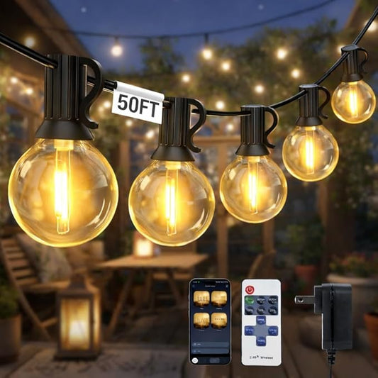 Outdoor String Lights with APP Control, 50FT G40 Dimmable Patio String lights Outdoor with 22 Shatterproof Bulbs, Waterproof Hanging Balcony Globe Lights for Backyard, Balcony, Bistro,Garden, Porch