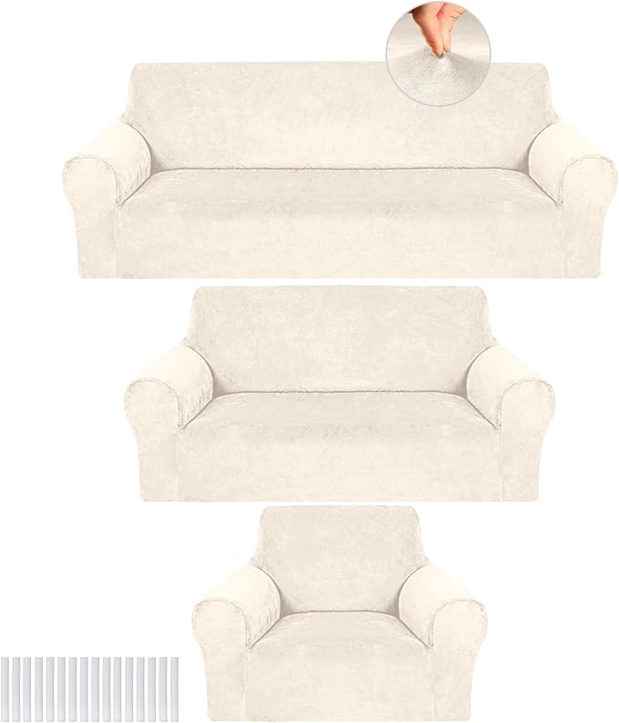 Peryiter 3 Pcs Couch and Loveseat Sofa Covers,Beige,Velvet | Armchair Covers for Living Room, Sofa Cushion Slipcover, Furniture Protector, Polyester and Spandex, Washable