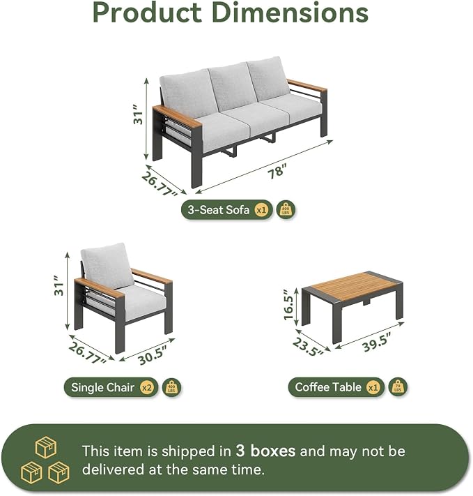 Aoxun Aluminum Outdoor Patio Furniture Set, 5 Seats Outdoor Sectional with Coffee Table, Patio Conversation Sets with Upgraded Armrests and Cushions for Backyard, Garden and Poolside（Grey）