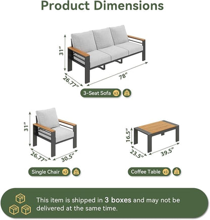 Aoxun Aluminum Outdoor Patio Furniture Set, 5 Seats Outdoor Sectional with Coffee Table, Patio Conversation Sets with Upgraded Armrests and Cushions for Backyard, Garden and Poolside（Grey）