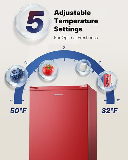 Upstreman 3.2 Cu.Ft Mini Fridge with Freezer, Red-BR321 | Adjustable Thermostat, Energy Saving, Low Noise, Reversible Door, Small Refrigerator for Dorm, Bedroom, Office