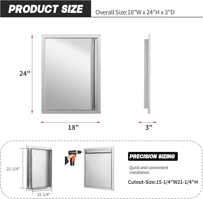 Stainless Steel Outdoor Kitchen Single Handleless BBQ Door, 18W 24H inch Opens Left or Right, Kitchen Cabinet Grill Station or BBQ Island