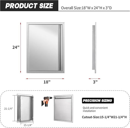 Stainless Steel Outdoor Kitchen Single Handleless BBQ Door, 18W 24H inch Opens Left or Right, Kitchen Cabinet Grill Station or BBQ Island