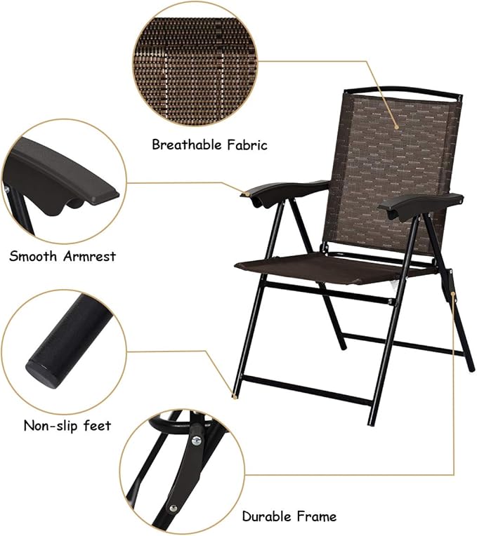 Giantex Set of 4 Patio Dining Chairs, Folding Outdoor Chairs, Adjustable Sling Back Chairs with Armrest, Portable Patio Chairs for Camping Garden Pool Beach Deck Lawn, Lounge Chairs (Brown)