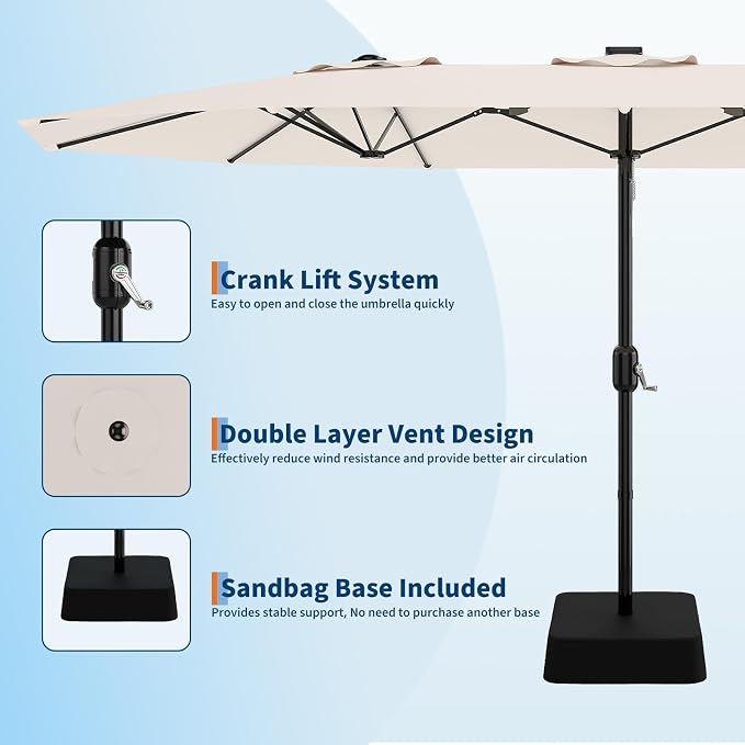 Garvee 15FT Patio Umbrella with Base Included Outdoor Umbrella, Beige | Rectangular Large Market Umbrellas with Crank Handle UV Protection Table Umbrellas for Outdoor, Backyard, Deck, Poolside