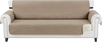 CUCRAF Non Slip Quilted Sofa Cover, Water Resistant Slipcover Furniture Protector for 4 Cushion Sofa Pet Friendly, Washable Couch Cover with Adjustable Elastic Straps (XX-Large, Light Khaki)