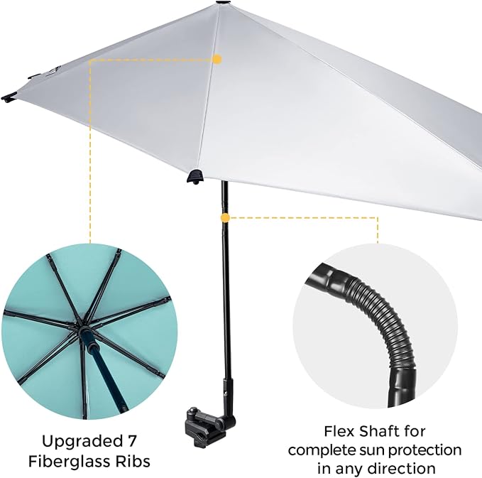 G4Free Beach Chair Umbrella with Universal Clamp UPF 50+ Golf Cart Umbrella | 46"x44" Large Canopy Sun Umbrella UV Protection, Adjustable Clamp for Beach Chair/Wheelchair/Stroller, 360° Flex Shaft, 7 Rib