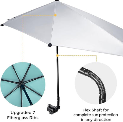 G4Free Beach Chair Umbrella with Universal Clamp UPF 50+ Golf Cart Umbrella | 46"x44" Large Canopy Sun Umbrella UV Protection, Adjustable Clamp for Beach Chair/Wheelchair/Stroller, 360° Flex Shaft, 7 Rib