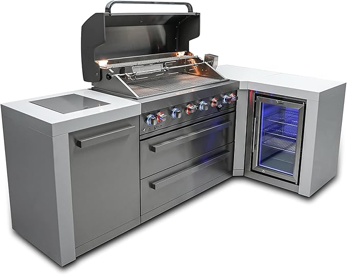 Mont Alpi 94"W x 50"D Deluxe Stainless Steel L-shaped Modular Outdoor Kitchen Island + Infrared Side Burner + Refrigerator + 44"W 6-Burner BBQ Grill + Granite Countertops + Storage Cabinets & Drawers