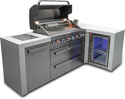 Mont Alpi 94"W x 50"D Deluxe Stainless Steel L-shaped Modular Outdoor Kitchen Island + Infrared Side Burner + Refrigerator + 44"W 6-Burner BBQ Grill + Granite Countertops + Storage Cabinets & Drawers