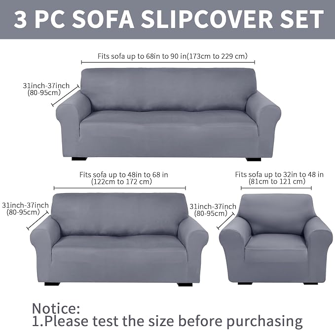 Peryiter 3 Pcs Couch and Loveseat Sofa Covers,Light Gray,Milk Silk | Armchair Covers for Living Room, Sofa Cushion Slipcover, Furniture Protector, Polyester and Spandex, Washable