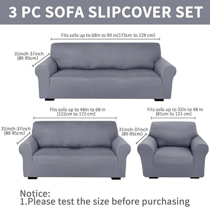 Peryiter 3 Pcs Couch and Loveseat Sofa Covers,Light Gray,Milk Silk | Armchair Covers for Living Room, Sofa Cushion Slipcover, Furniture Protector, Polyester and Spandex, Washable