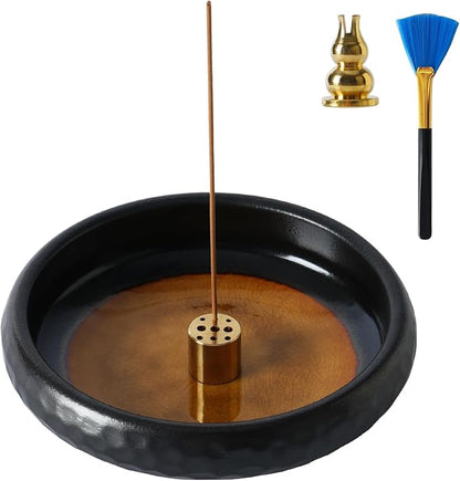 6 Inch Japanese Incense Holder Stick,Ceramic Handmade Crack Yellow Glaze | Incense Burner Bowl,9-Hole Design for Sticks,Cones,Coils Sage,Palo Santo - Perfect for Meditation,Yoga & Zen Home Décor