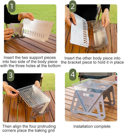 Mini Portable Charcoal Grills, Small Stainless Steel Camping BBQ Grill Detachable Design Fire Pit Grill with Carry Bag for Outdoor Cooking, Bonfire, Patio, Backyard