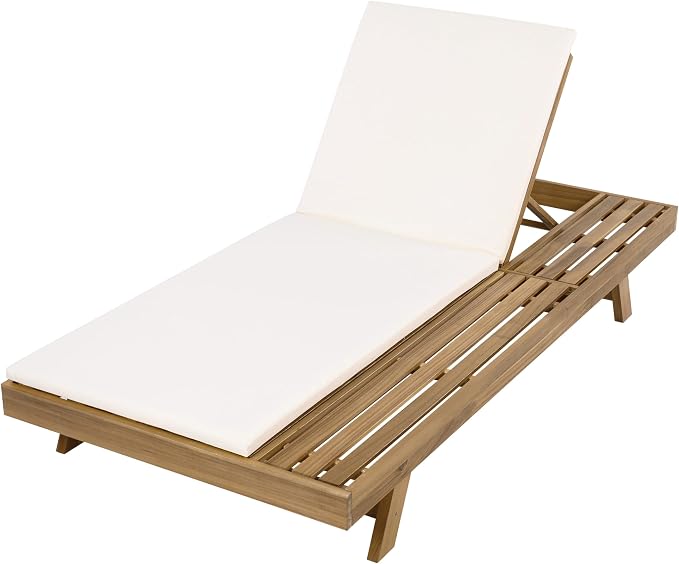 Christopher Knight Home Dami Patio Chaise Lounge Chair Outdoor with 2-Thick Cushion, Acacia Wood Poolside Sun Lounger, Space Available On One Side, Adjustable Backrest Pool Lounger, Light Brown+Cream