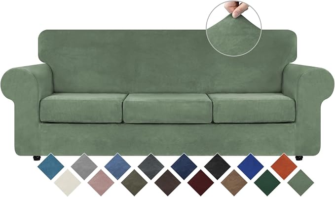 WEERRW 4 Pieces Couch Cover for Sofa Velvet Slipcovers, Greyish Green | Washable Sofa Covers for 3 Cushion Couch Furniture Protector Sofa Slipcover with Non Slip Elastic Bottom, Pet Friendly, Large