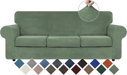 WEERRW 4 Pieces Couch Cover for Sofa Velvet Slipcovers, Greyish Green | Washable Sofa Covers for 3 Cushion Couch Furniture Protector Sofa Slipcover with Non Slip Elastic Bottom, Pet Friendly, Large