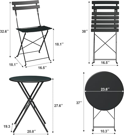 Bistro Table and Chairs Set of 2, 3 Piece Outdoor/Indoor Folding Patio Bistro Sets, 2 Chair Patio Furniture Set with Table, Premium Frame Foldable Coffee Tables for Balcony, Yard, Garden, Black