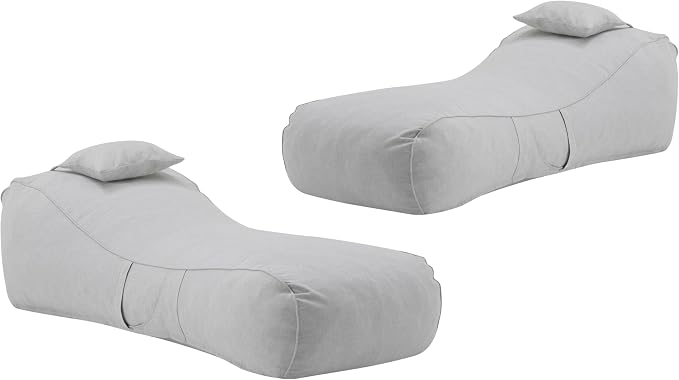 Christopher Knight Home Morton Outdoor Bean Bag Chair Set of 2, Fabric Bean Bag Chair for Adults and Kids, Indoor/Outdoor Sun Lounger with Headrest, Patio Chaise Lounge Chair Set of 2, Light Gray