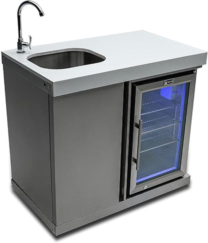 Mont Alpi 38"W x 23"D x 46"H Stainless Steel Beverage Center with Faucet & Sink + 2.7 Cu. Ft. Outdoor Refrigerator Lockable Wine Cooler & Accent Lighting + 3 Adjustable Shelves & Base Storage Cabinet