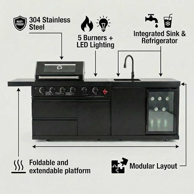 Modular Outdoor Kitchen Island, 6-Burner Gas Grill, 75300 BTU,Silver | 304 Stainless Steel,Garden Outdoor Cooking Backyard, Side Burners Sink,Wine,Cooler,Refrigerator,Rotisserie Kit