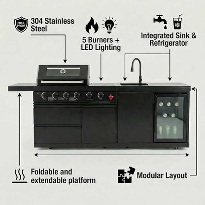 84 Inch Outdoor Kitchen Island, 6 Burner 75300 BTU Deluxe Stainless Steel Gas Grill Bar Island with Stainless steel Sink Wine Cooler Refrigerator, Granite Countertops, Rotisserie kit (Black)
