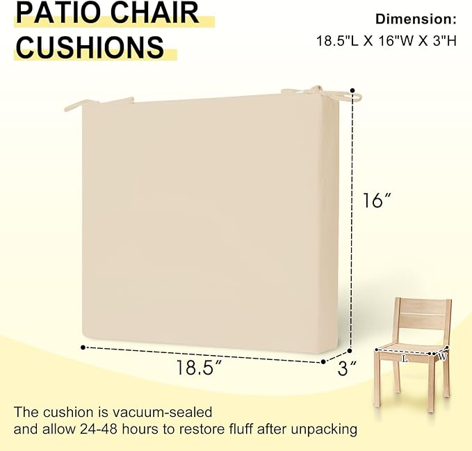 downluxe Outdoor Chair Cushions Set of 2 for Patio Furniture, Water-Resistant Square Corner Patio Chair Cushions with Ties, High Density Foam Outdoor Seat Cushion, 18.5" X 16" X 3", Beige